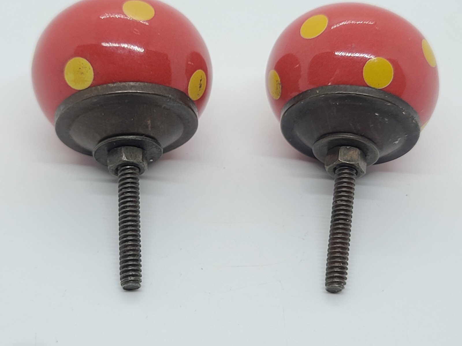 Antique Pair Red Round Porcelain with Yellow Spots Drawer Cabinet Pull Handles