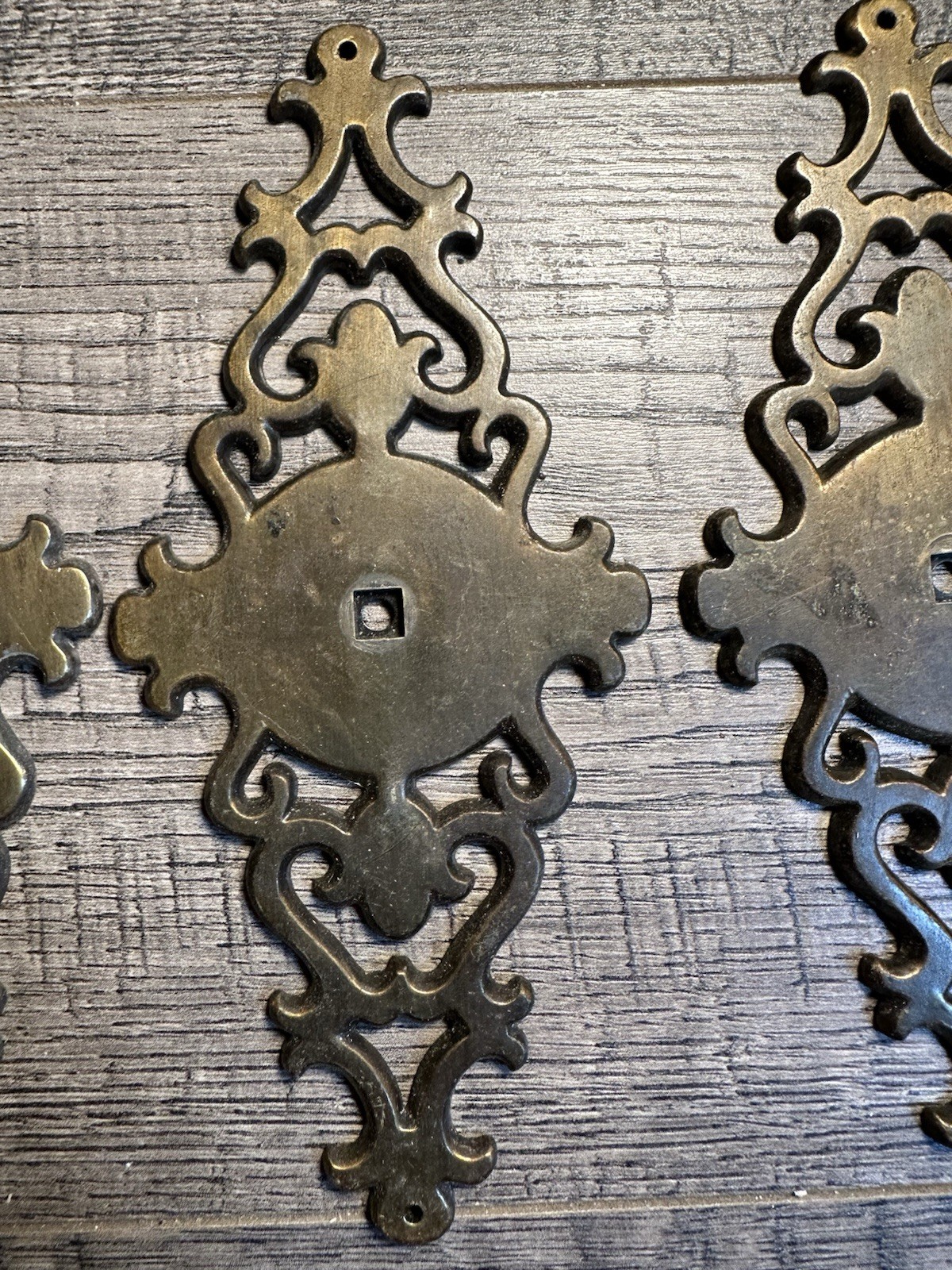 4-VINTAGE Amerock DRAWER PULLS Back Plate Brass Holes Scrolls Open Work