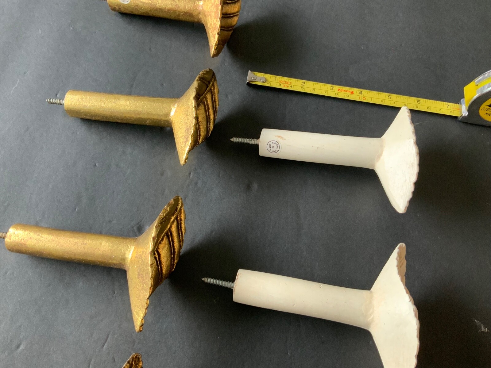 Set of Antique Painted Bin Dresser Drawer Pulls lot of 6 (4 gold 2 white)