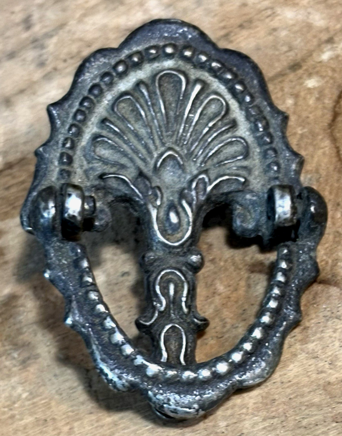 4 Antique 19th C Nickel Plated Cast Brass Small Drawer Pulls 2″ Tall x 1 1/2″ W