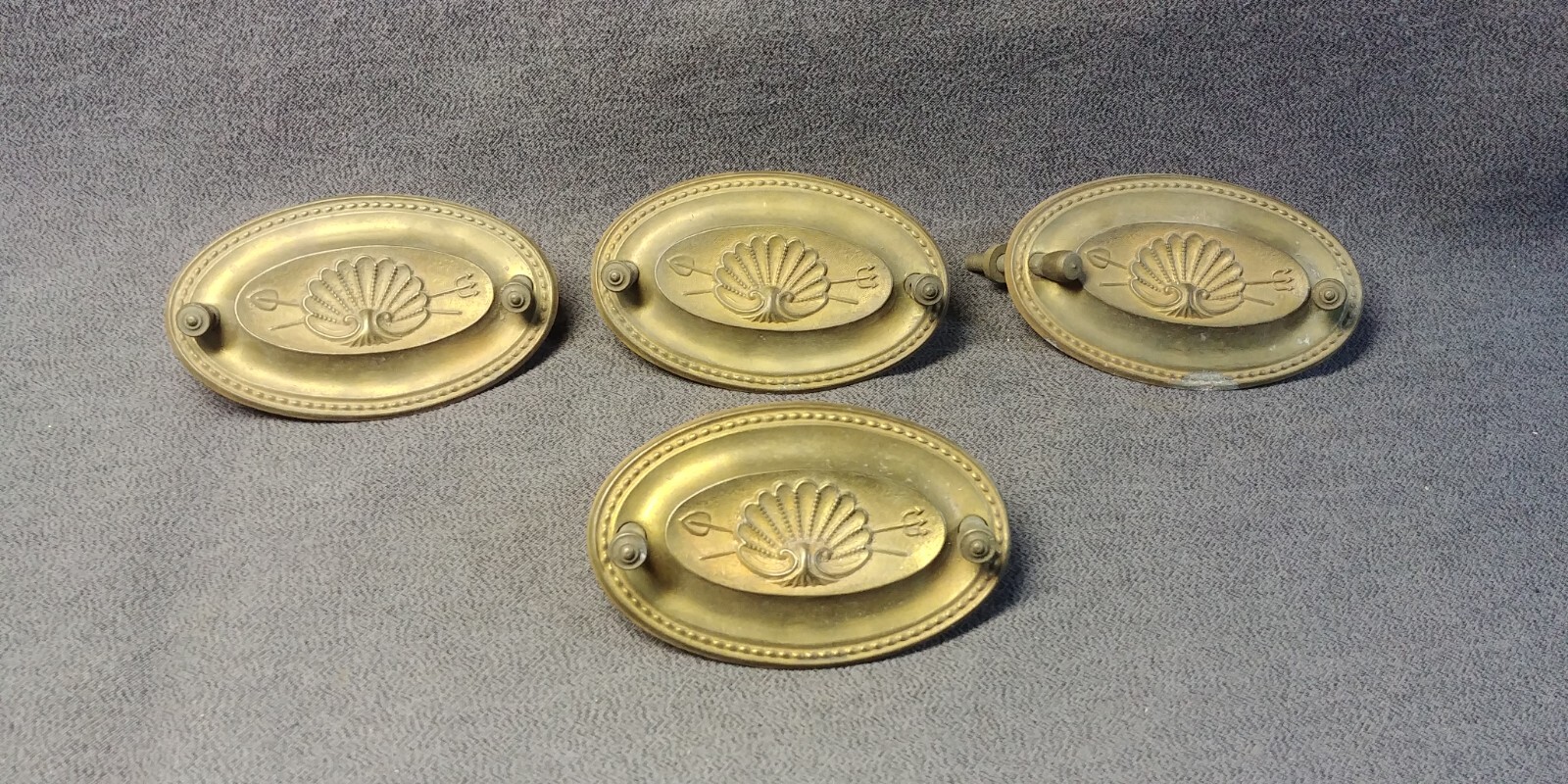 4 Brass Furniture Drawer Pull Back Plate Crossed Trident Clam Shell Bail Antique
