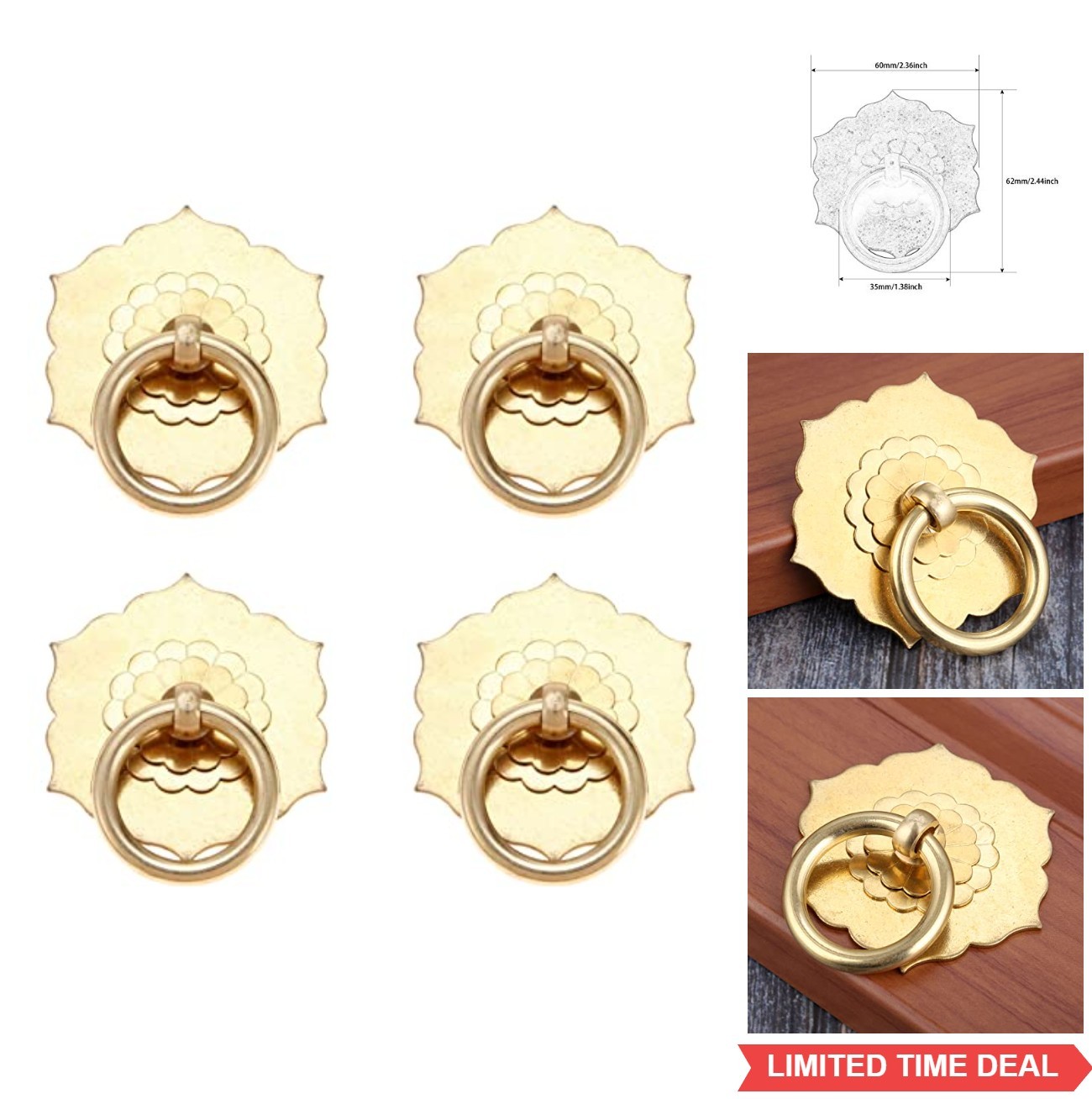 Antique Brass Ring Pulls 4 Pack Vintage Hexagon Flower Drawer Handles Cabinet