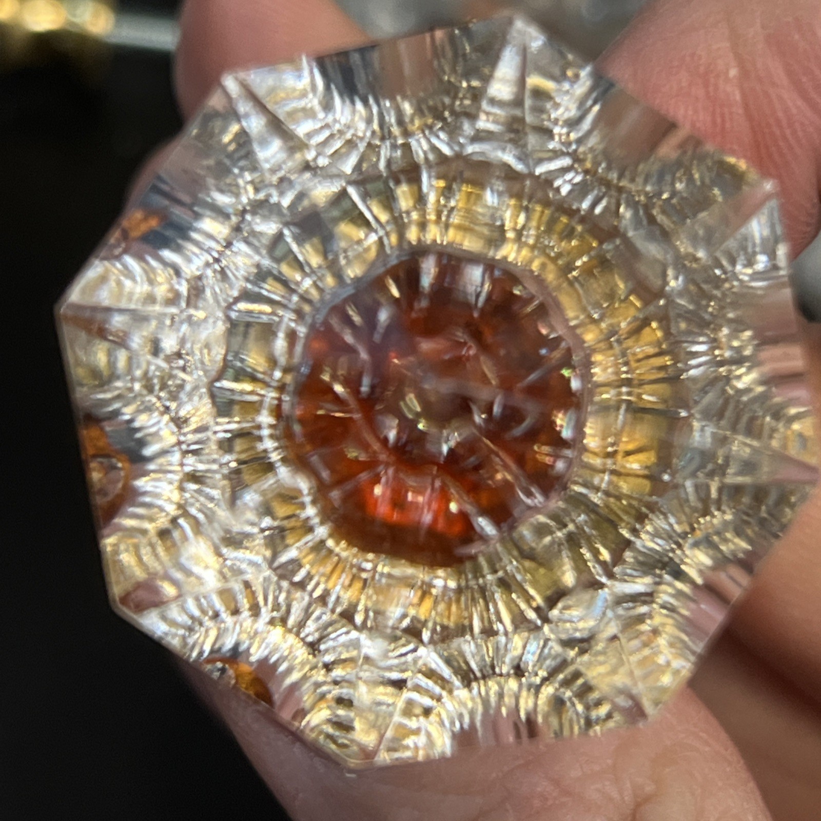 6 Vtg Clear & Amber Glass Diamond Cut Drawer Pulls Knobs 1.5″ Brass Hardware Lot