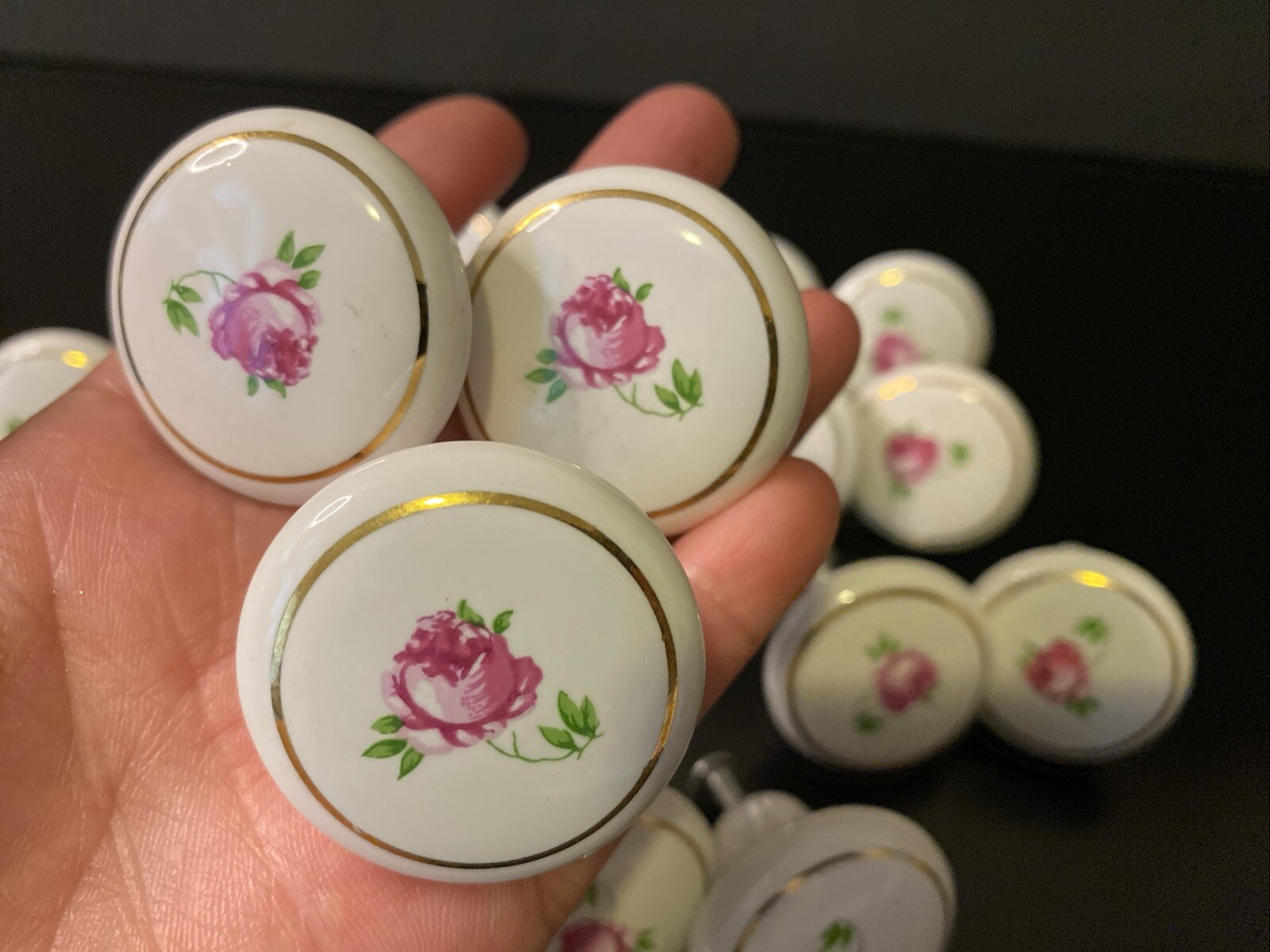Pair VTG Round White Porcelain Hand Painted Rose Floral Drawer Knobs With Bolts