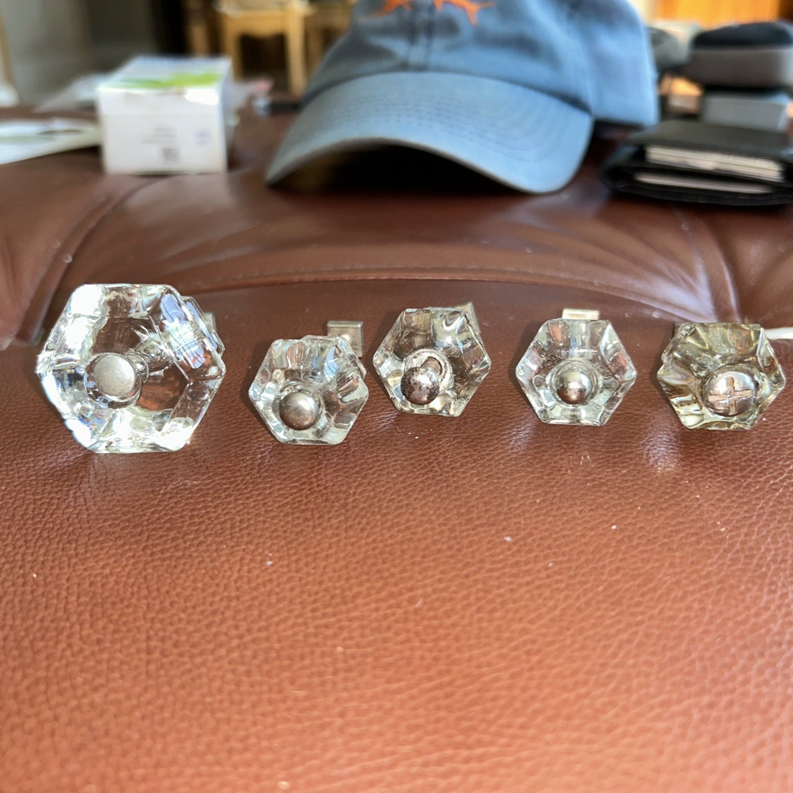 5 Antique Vintage Clear Glass Hexagon 6 sided Drawer Cabinet Door Knobs 2”