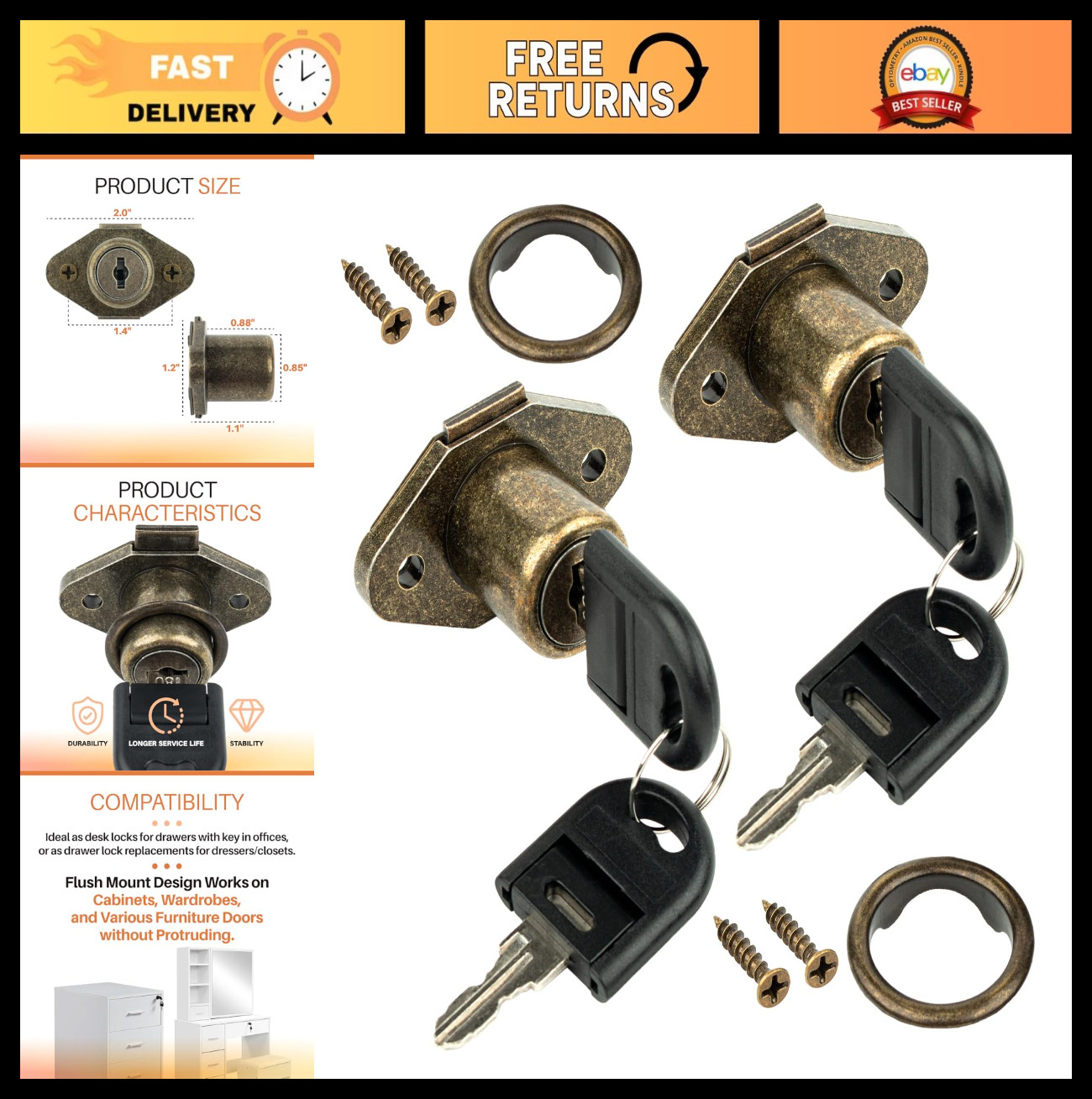 2 Pack Antique Bronze Drawer Locks with Keys – Secure Cabinet Lock for Dresser &
