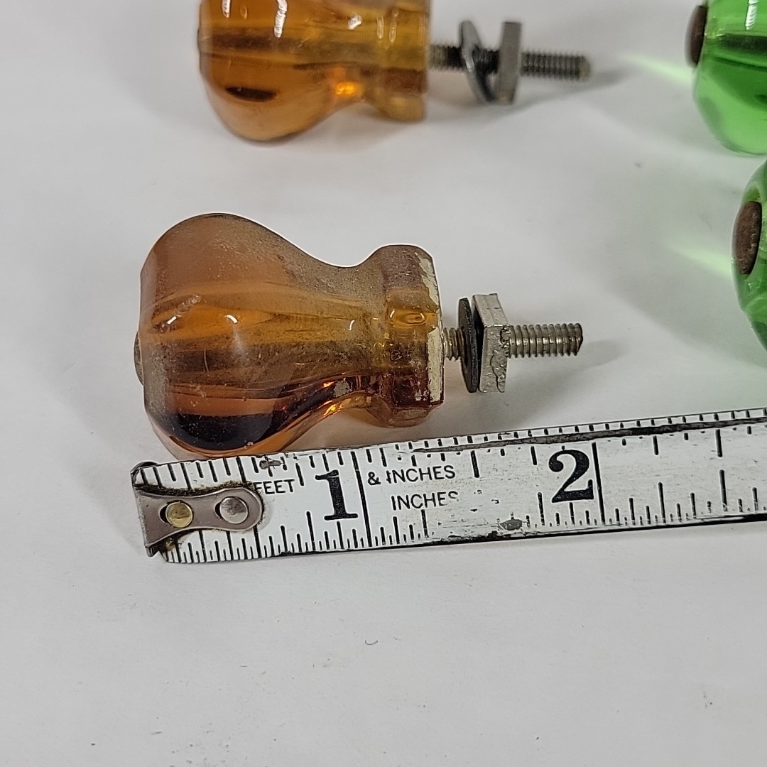 Antique Glass Green & Amber Drawer Pulls / Knobs Lot of 4