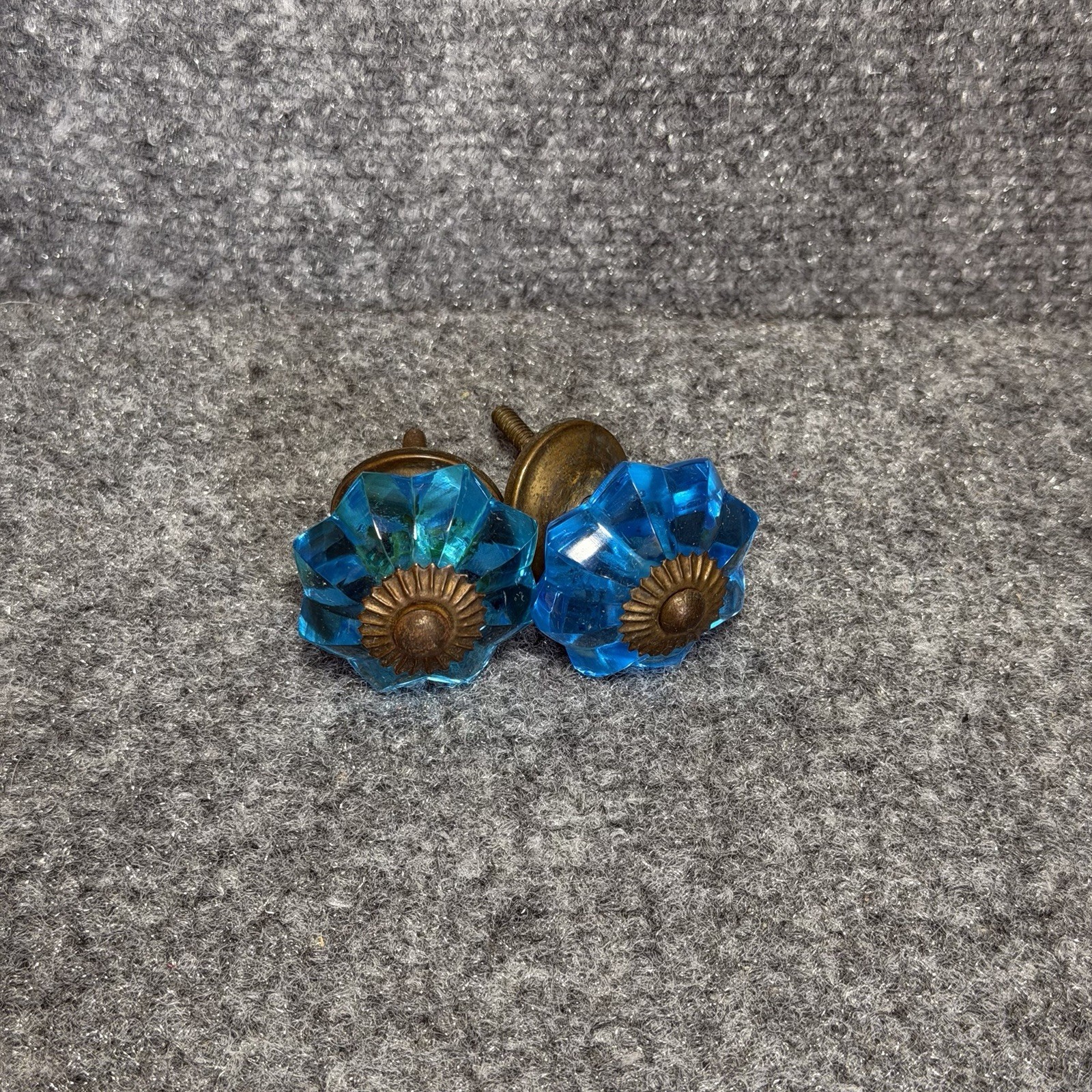 Vintage Brass Floral Aqua Blue Cut Glass Drawer Knob Handle Pull Handmade 2pcs