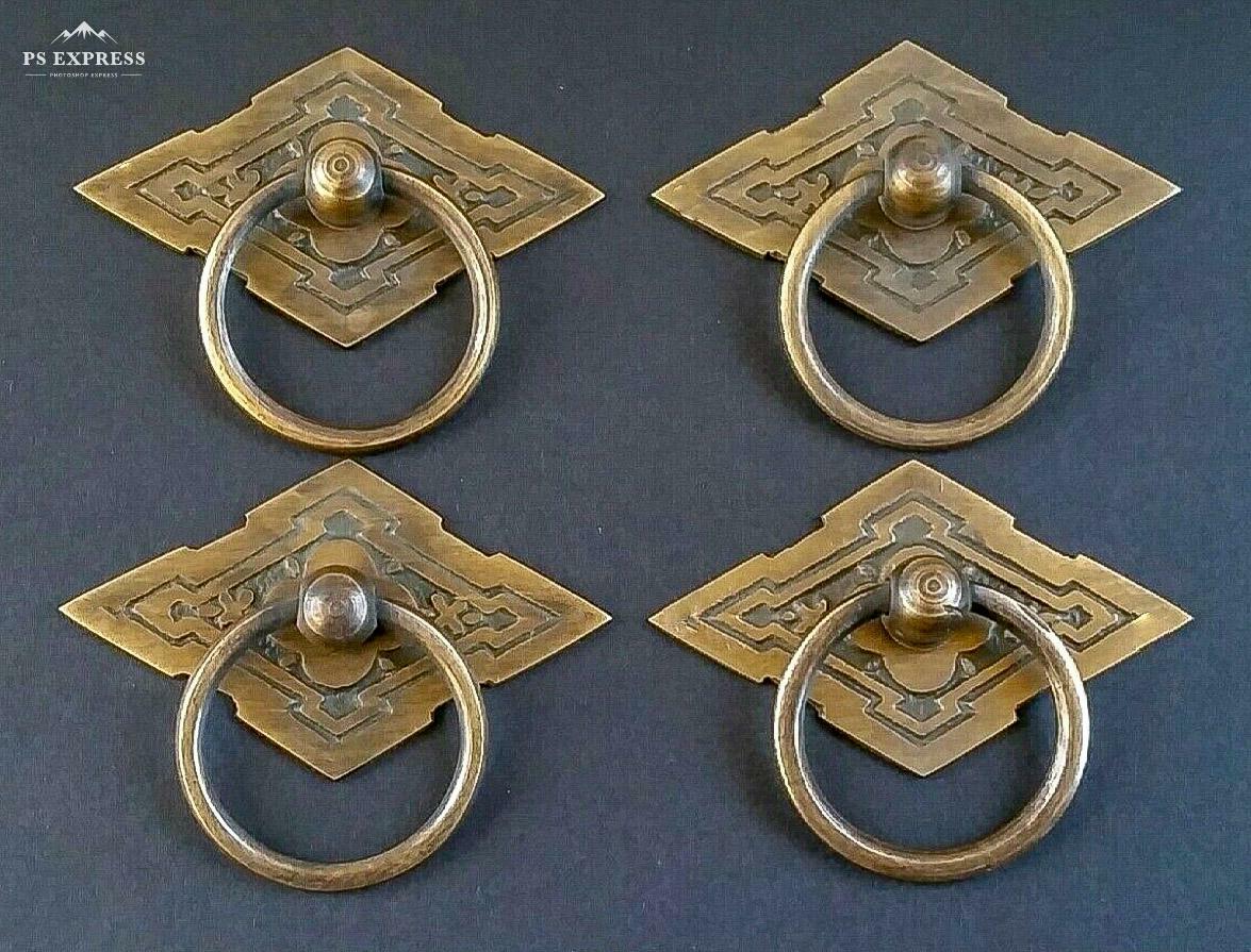 4 x Eastlake Antique Style Brass Ornate Ring Pulls Handles 2-3/8″ wide #H15