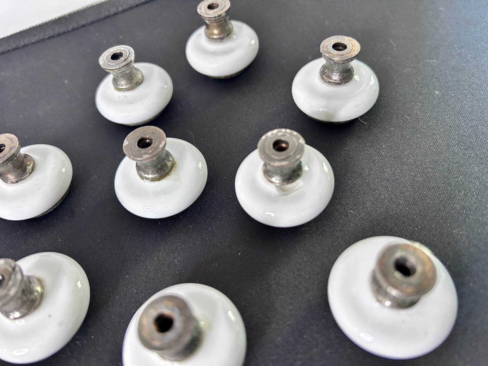 9 Vintage Mushroom White Porcelain Brass Drawer Cabinet Pulls Knobs