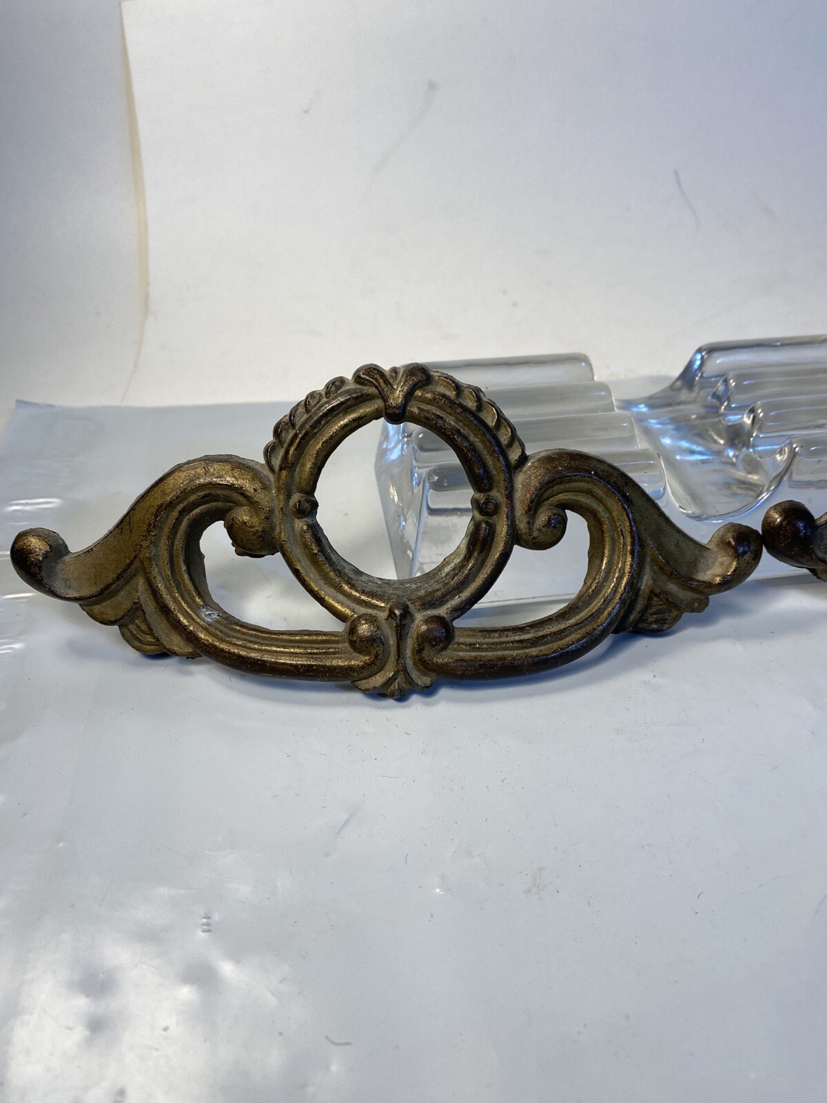 Antique Pair French Provincial Handles Solid Brass 6” Wide 4” Between Screw