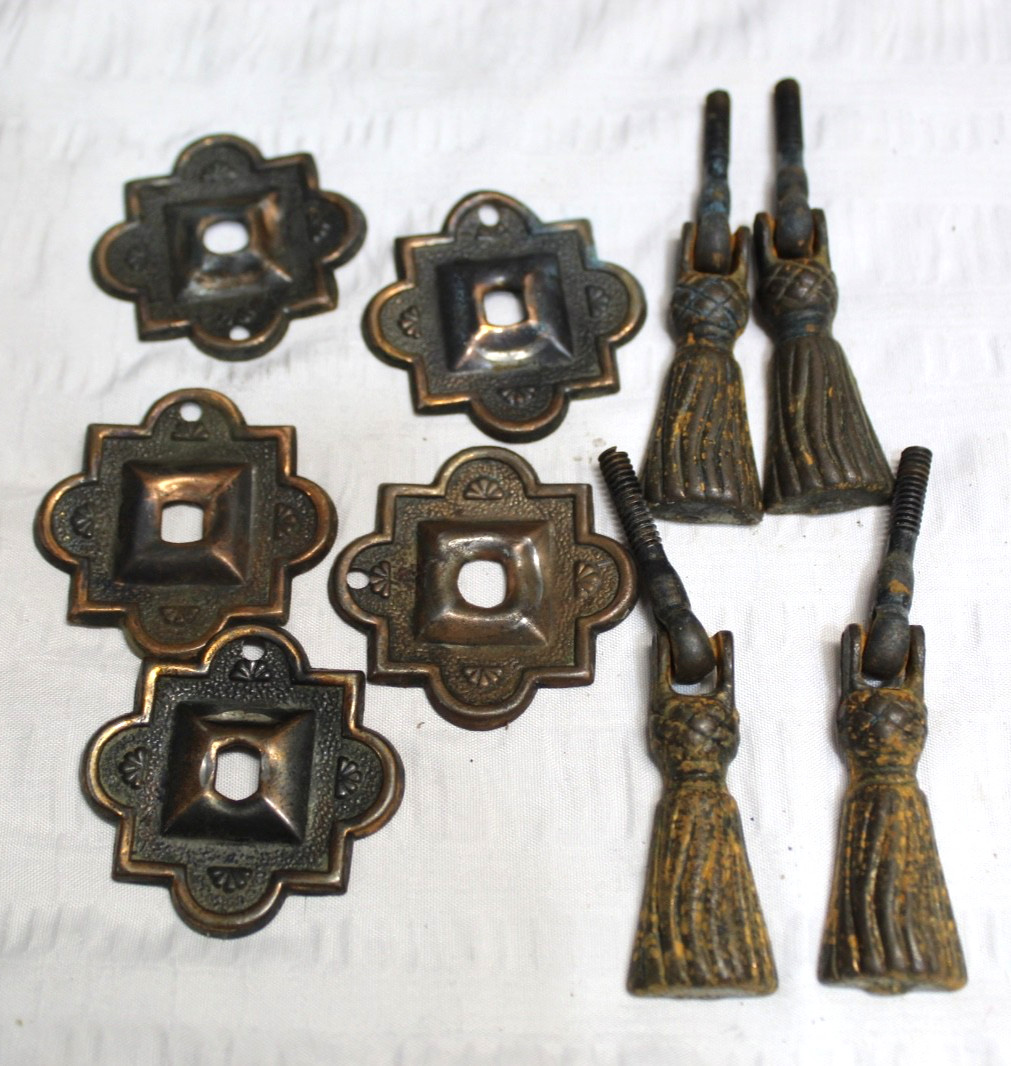 Lot of 4 Antique Vintage Ornate Copper & Brass Drawer Pulls w/ Back Plates