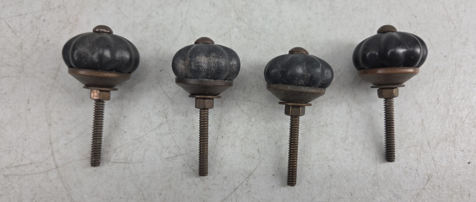 Vintage Lot of 6 Black Porcelain Floral Cabinet Knobs Drawer Pulls Handles