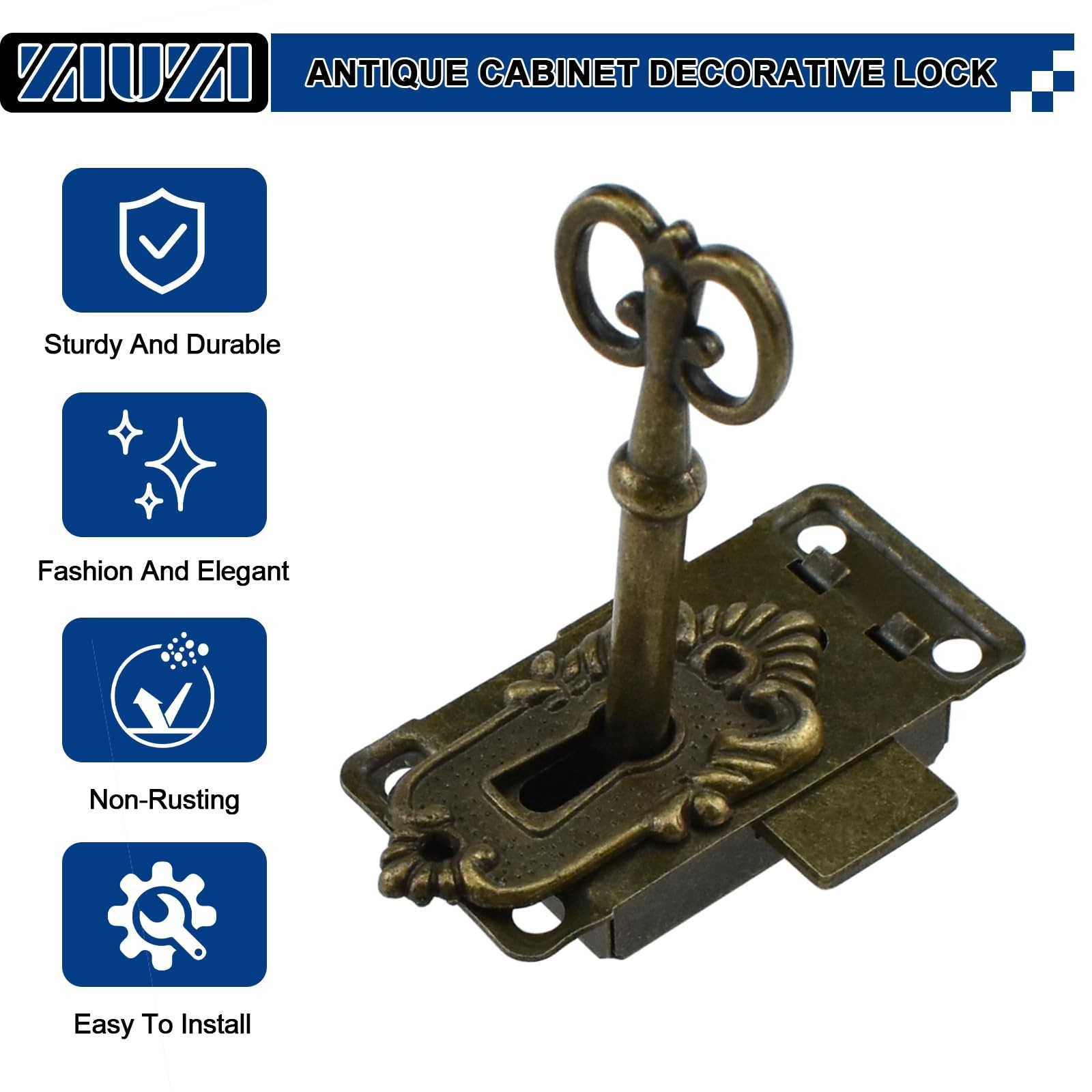 2Pcs Bronze Antique Cabinet Lock, Furniture Decorative Lock with Skeleton Key…