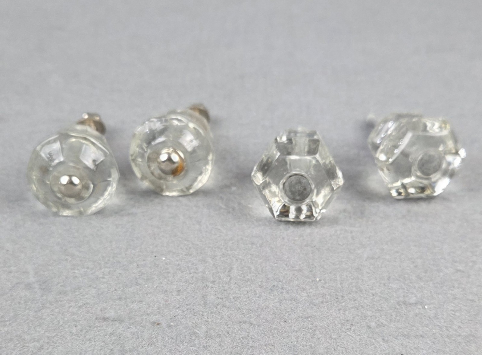 4 Vintage Clear Glass Drawer Pull Knobs Unmatched Sets 2 Hexagonal & 2 Decagonal