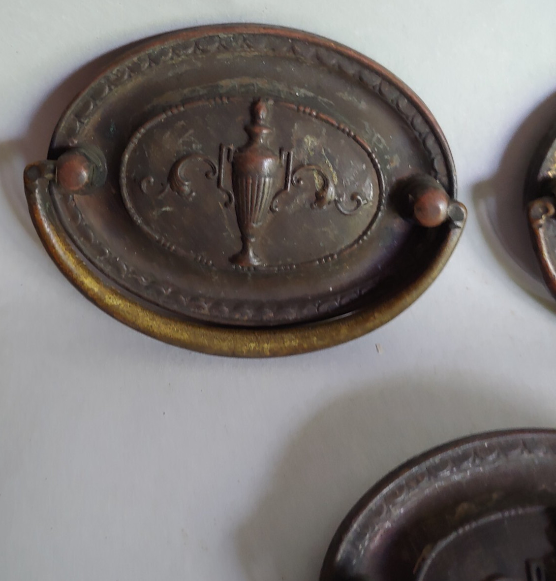 3 VTG/Antique Brass Drop Drawer Pull Oval Backplate Iron Drop Embossed Urn 1920s