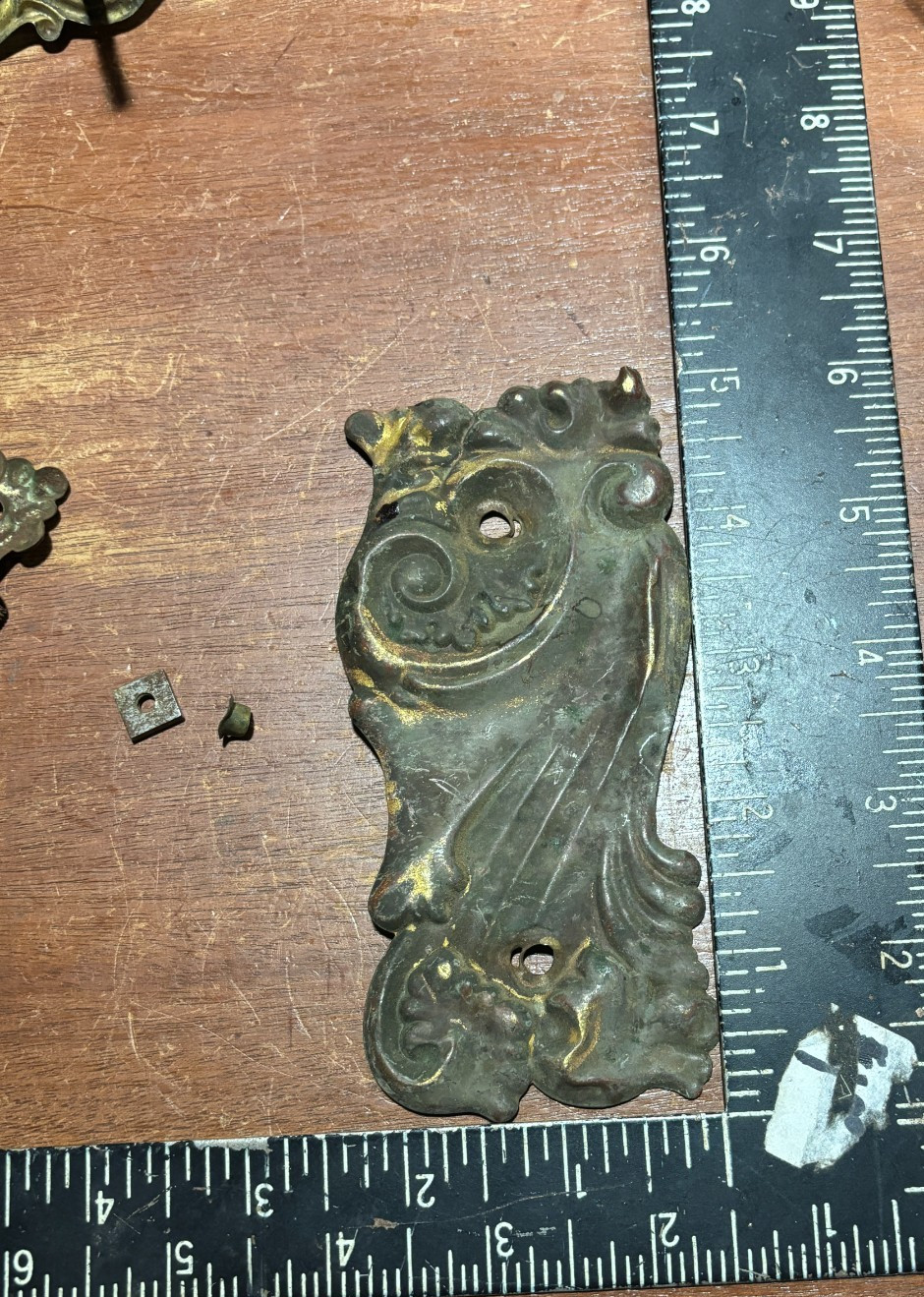 Lot of 9 Mixed Ornate Vintage Pressed Metal Drawer Backplates one with Pull