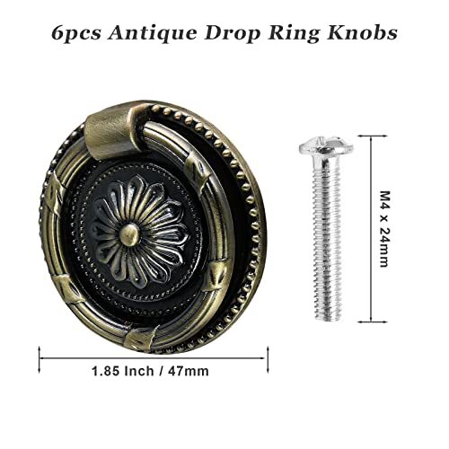 6pcs Cabinet Knobs, Drop Ring Drawer Pulls Round Dresser Knobs Antique Bronze