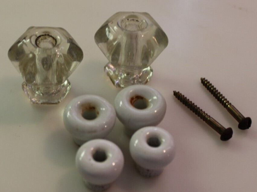 Vintage/Antique 4 Ceramic Dresser Knobs Pulls Plus 2 Glass Hexagon Knobs Pulls
