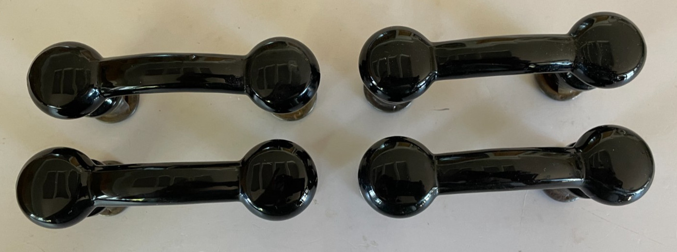 4 Edwardian Eastlake Black Milk Glass Cabinet Pulls w/ Threaded Backs 1920-30s