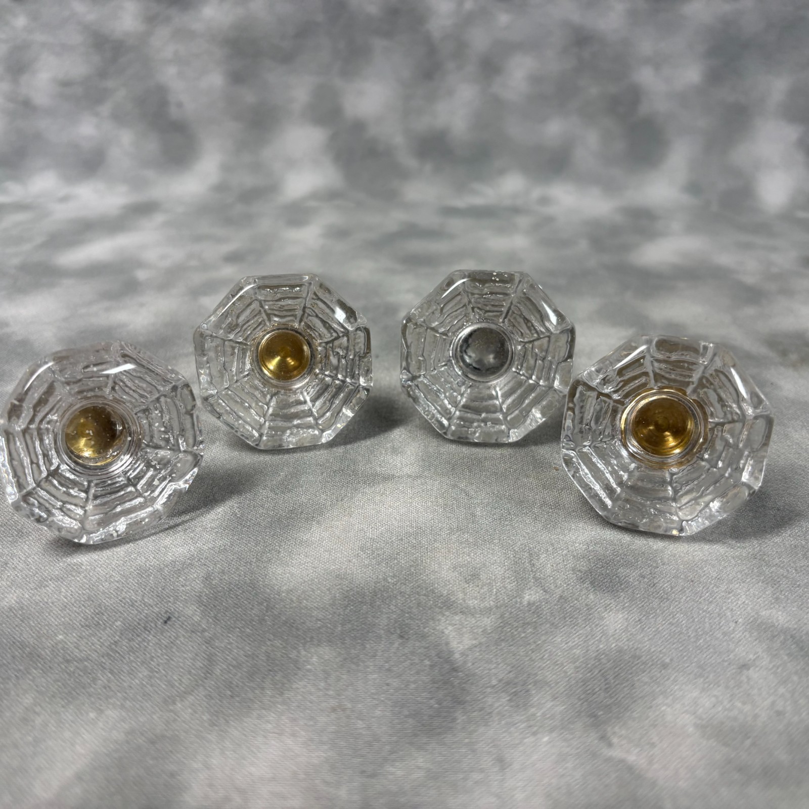 Set of 4 Vintage Glass Drawer Knobs Hexagonal Clear with Brass Center Used