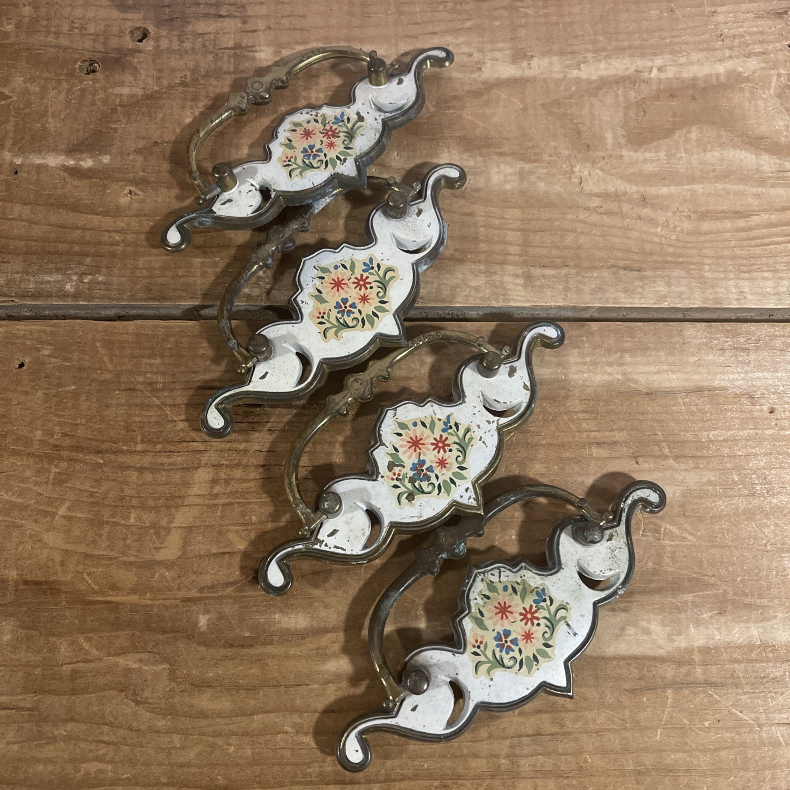 4 Vintage Porcelain Painted French Provincial Country Drawer Pulls Handles