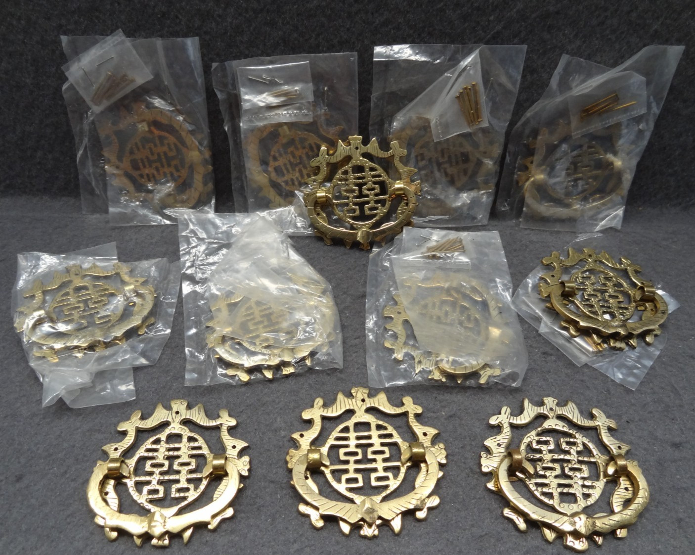 12 Brass 2″ Asian Drawer Pull Hardware VTG Hong Kong Oriental Knocker Door Decor