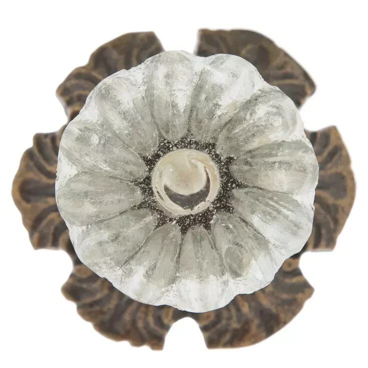 ONE; Vintage-Brass Metal Flower Crystal Clear Glass bronzed Knob Handle pulls