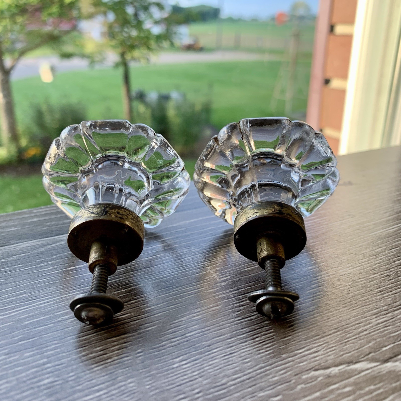 Antique Manganese Drawer Knobs Pair, UV Reactive Glass Knobs/Drawer Pulls