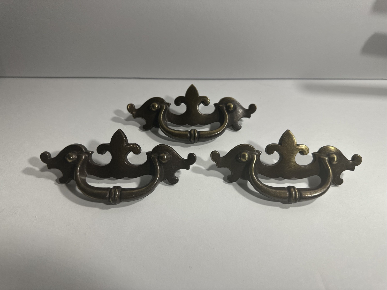3 Vintage Brass Drawer Pulls Handel Fleur De Lis Keeler Brass Co. Screws #8493