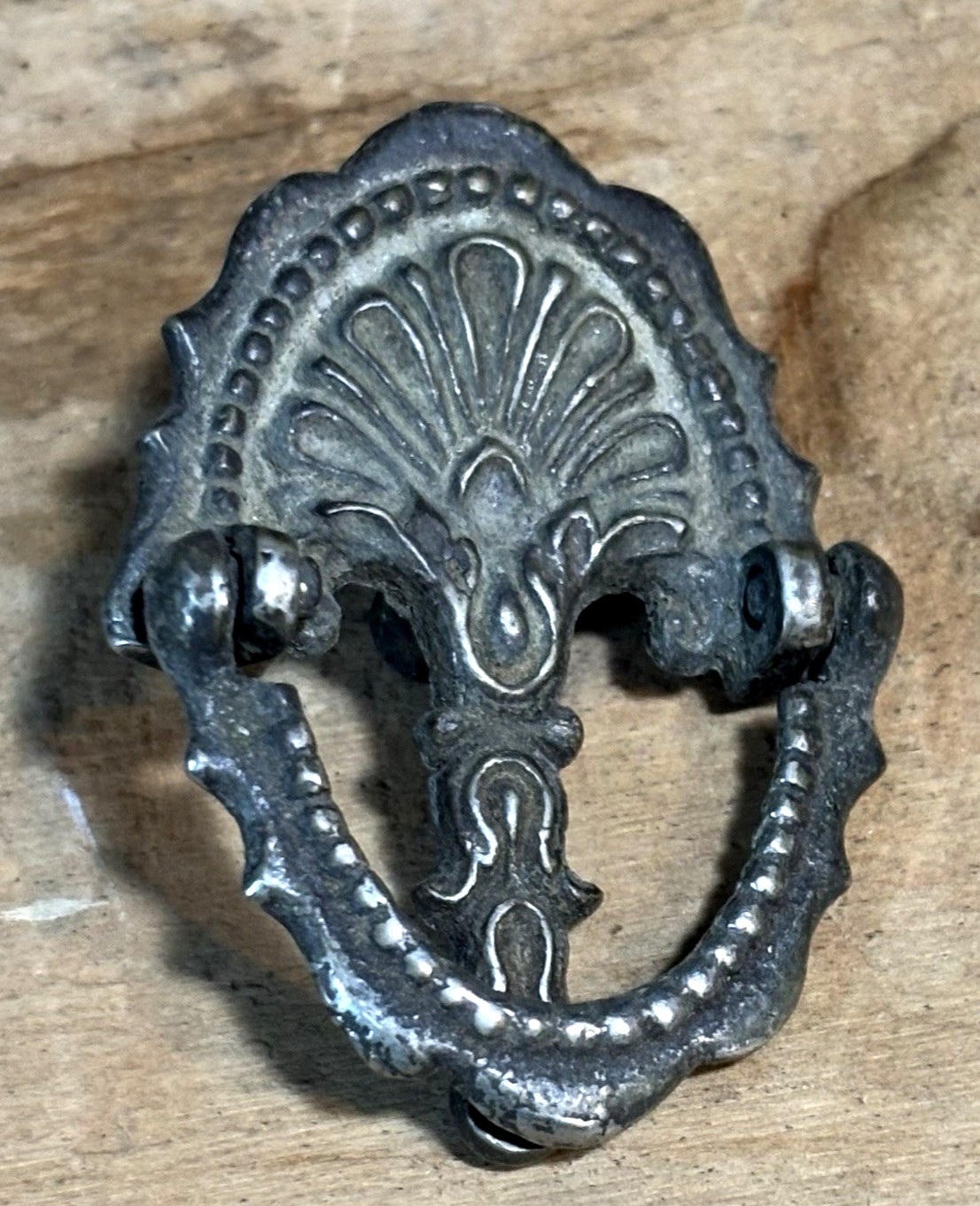 4 Antique 19th C Nickel Plated Cast Brass Small Drawer Pulls 2″ Tall x 1 1/2″ W