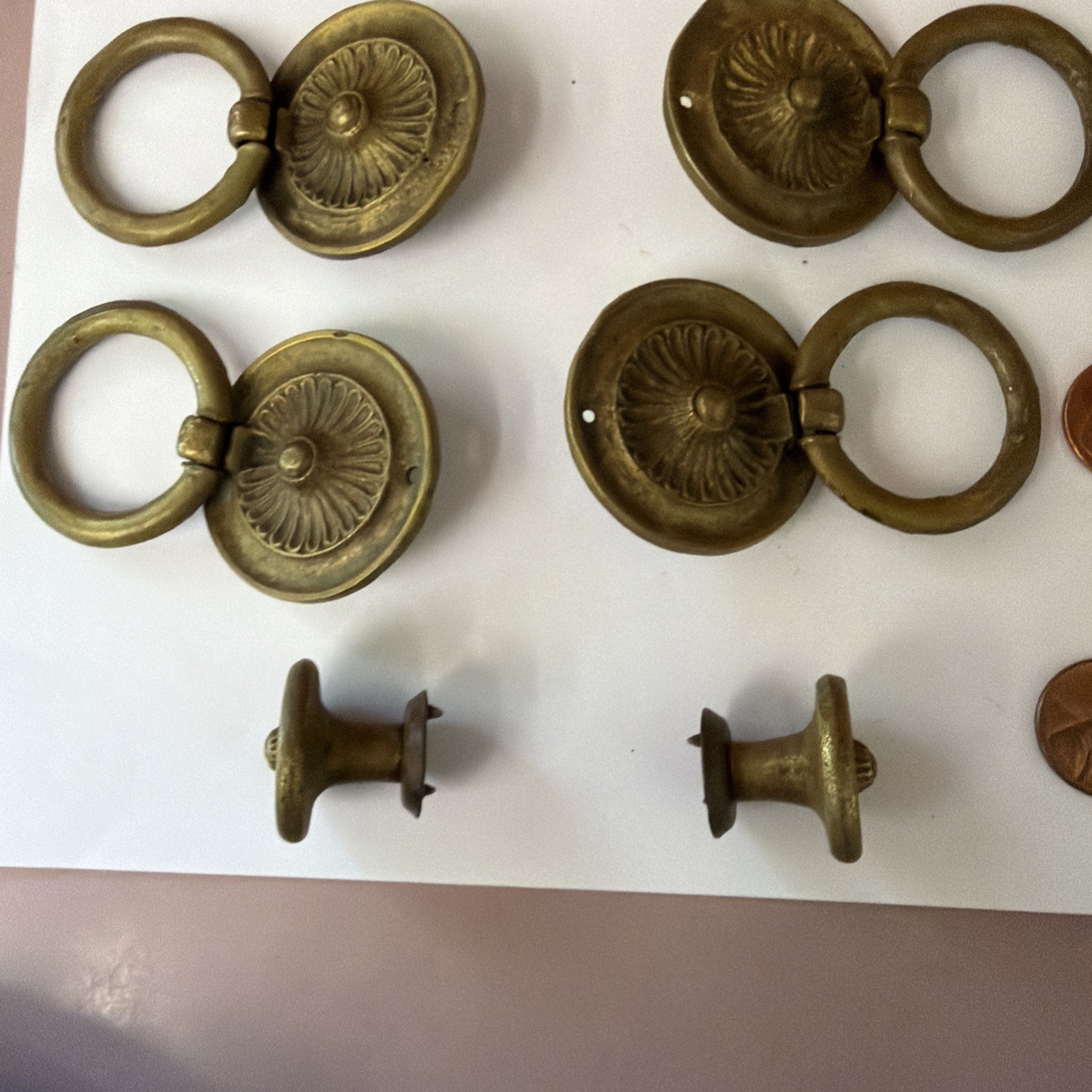 Vintage Brass Floral Ring Drop Cabinet Drawer Pull Furniture Replacement 8 Pcs