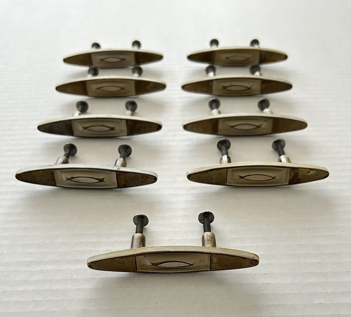 Art Deco MCM Atomic Oblong Gold Tone Raised Lenticular Shape Drawer Pulls X 9