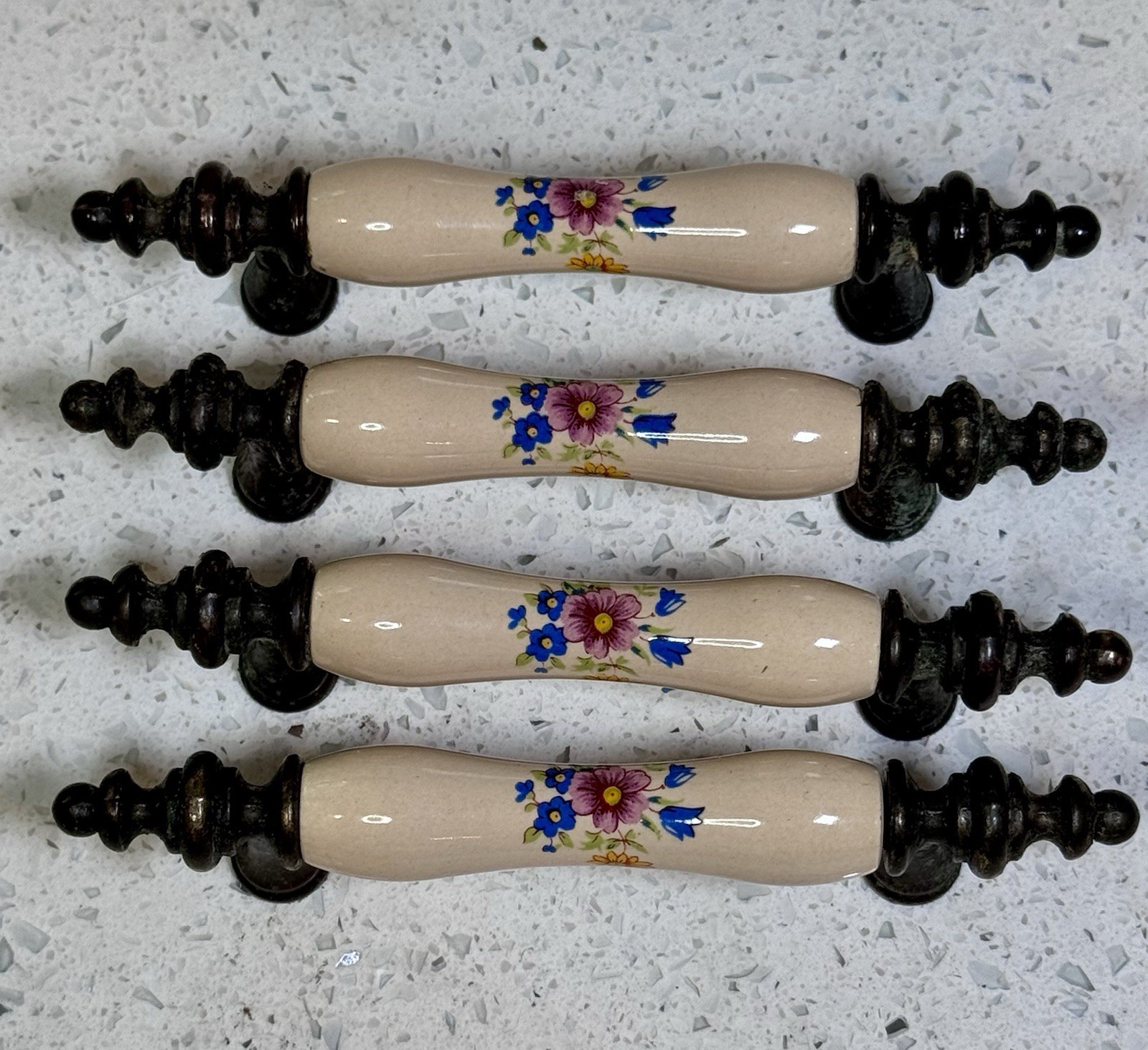 1960’s Vintage Antique Brass Ceramic Floral Drawer Cabinet Pull Handle Set of 28