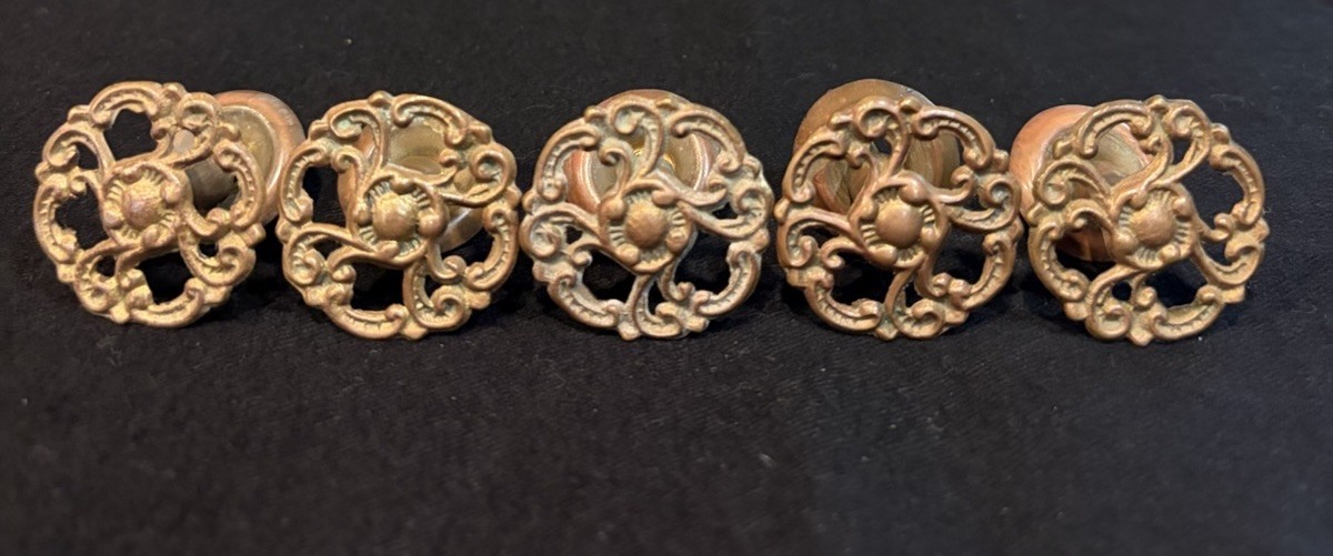 5 Antique Victorian Ornate Brass? Drawer Pulls