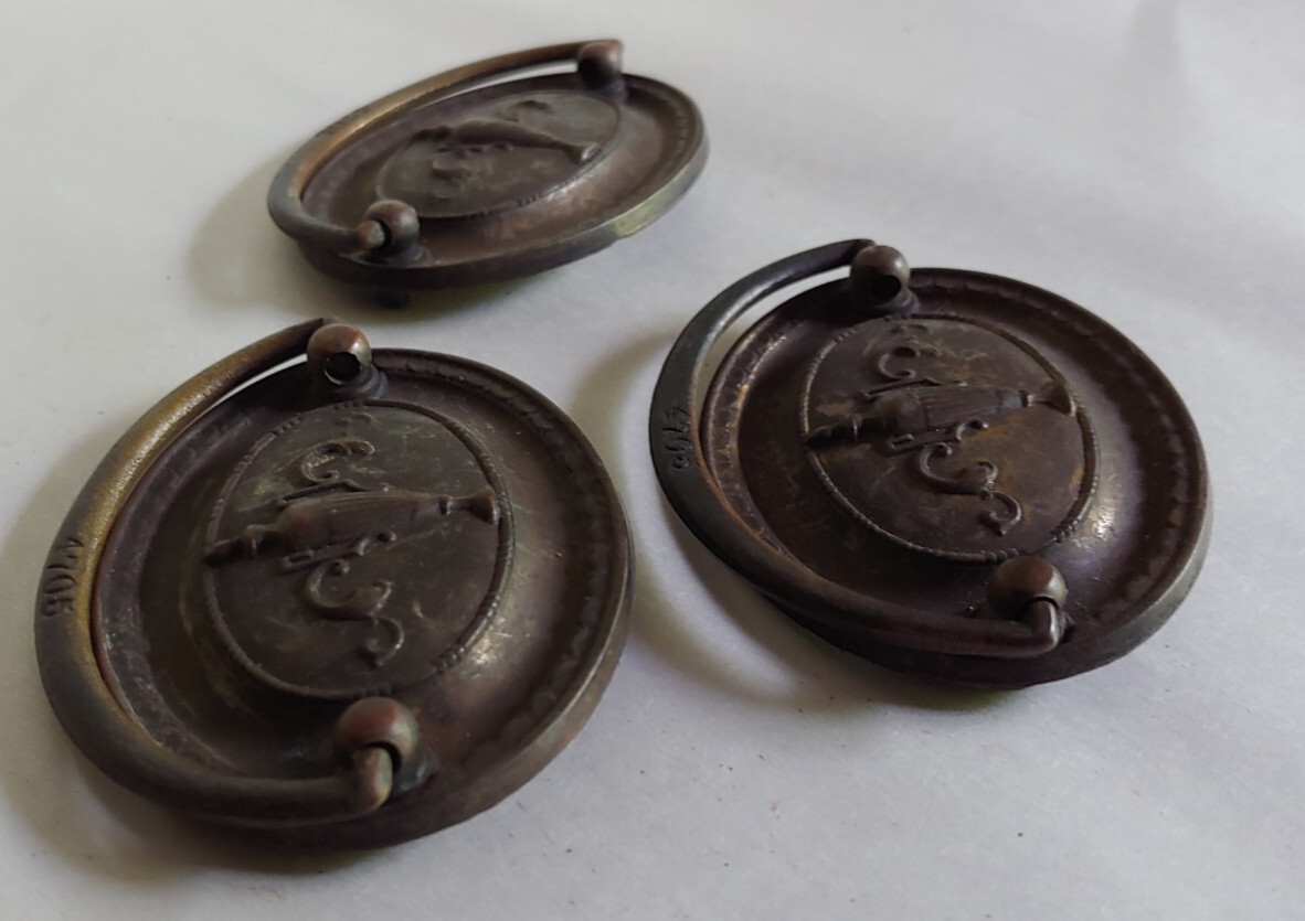 3 VTG/Antique Brass Drop Drawer Pull Oval Backplate Iron Drop Embossed Urn 1920s