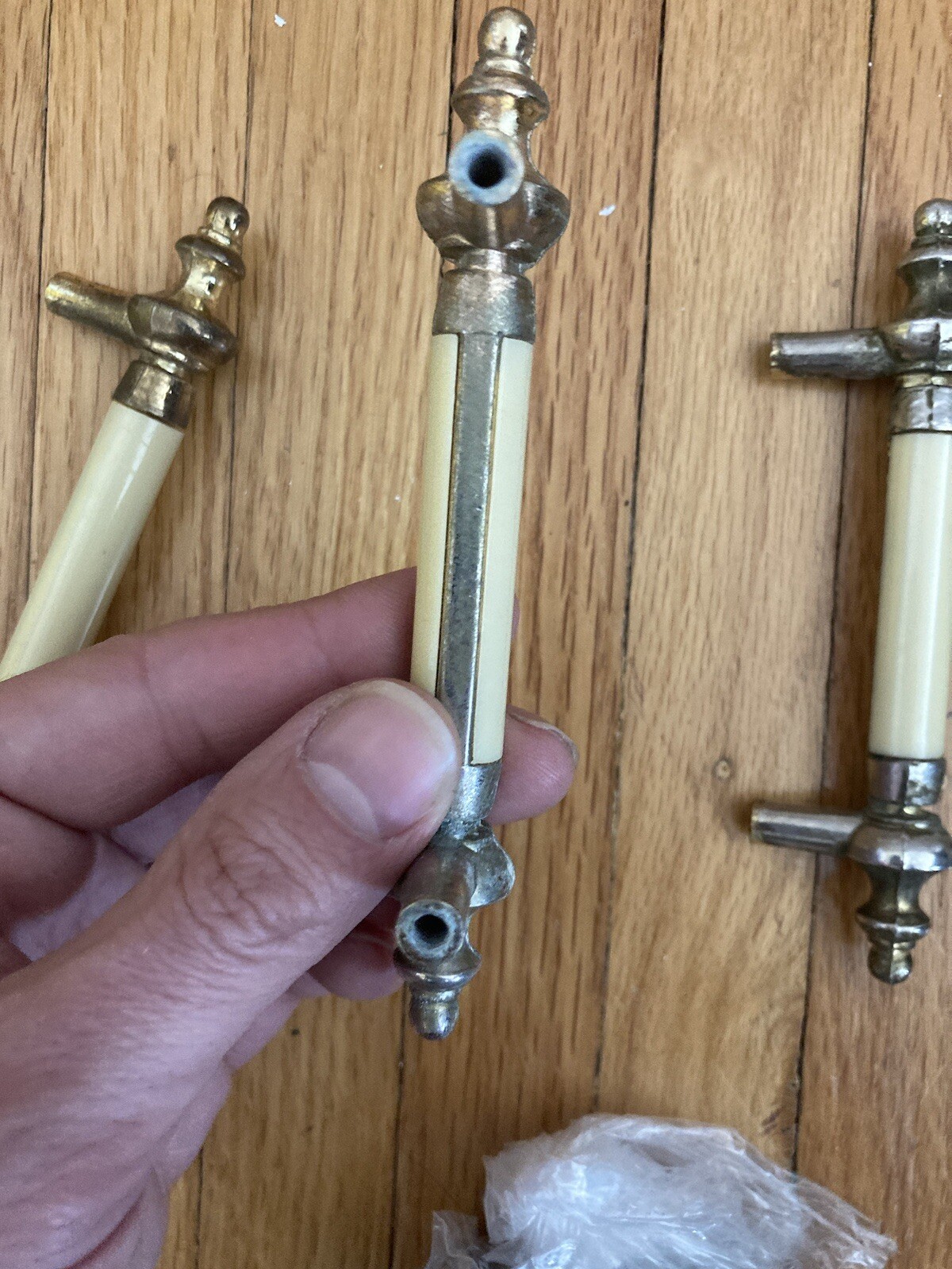 6 Matching Vintage ivory Bakelite & Solid Brass Drawer Handles ~ Pulls