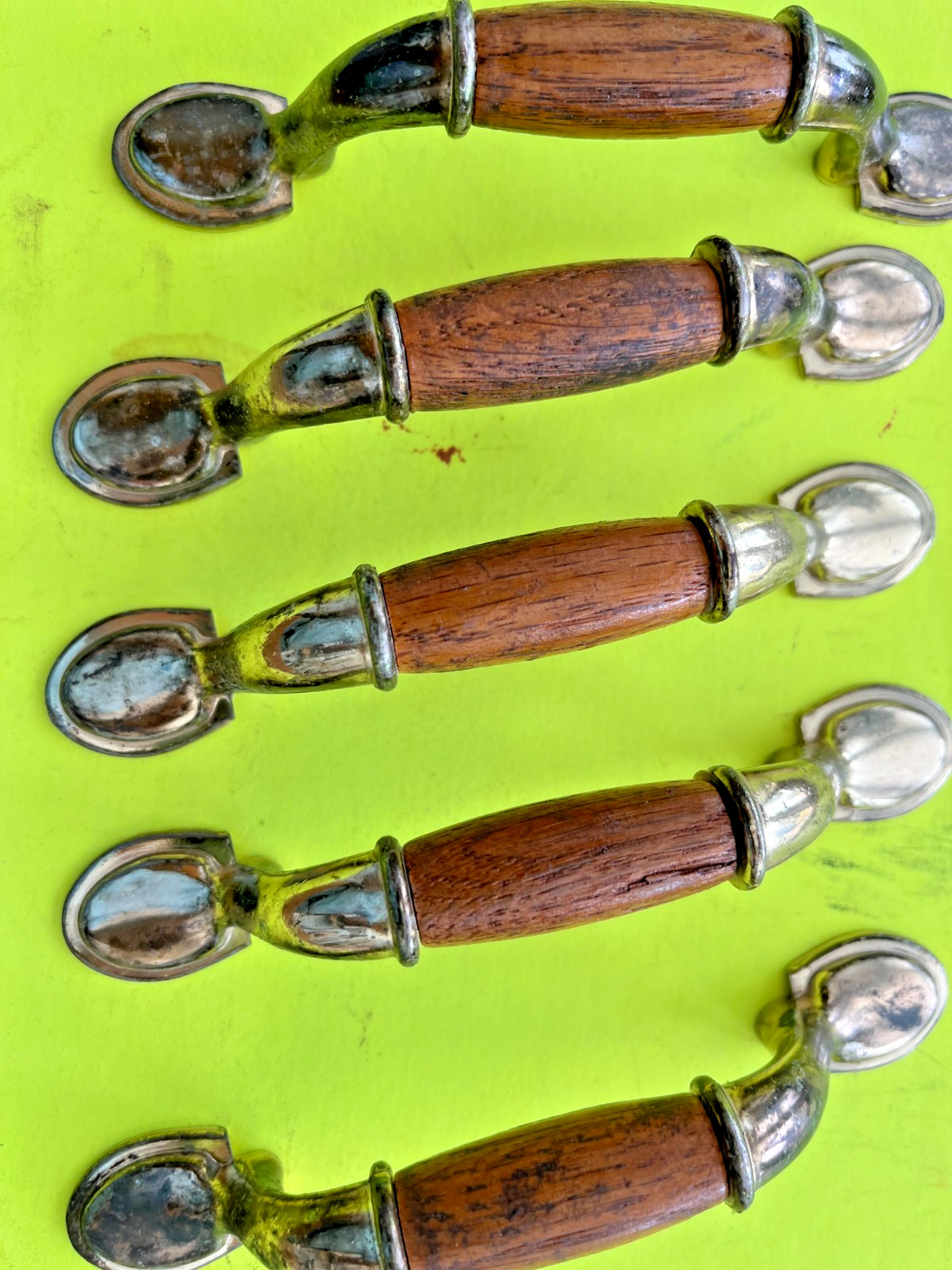 5 Vintage Wood and white metal Cabinet Pulls 3″ c x c Drawer Handles
