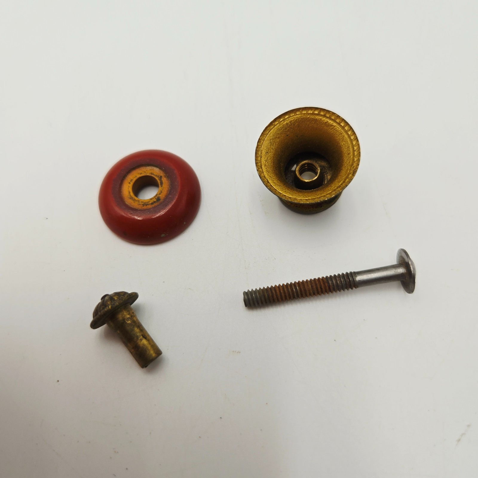 Set of 5 Vintage Red Bakelite and Brass Knobs for Furniture-Drawer Pulls