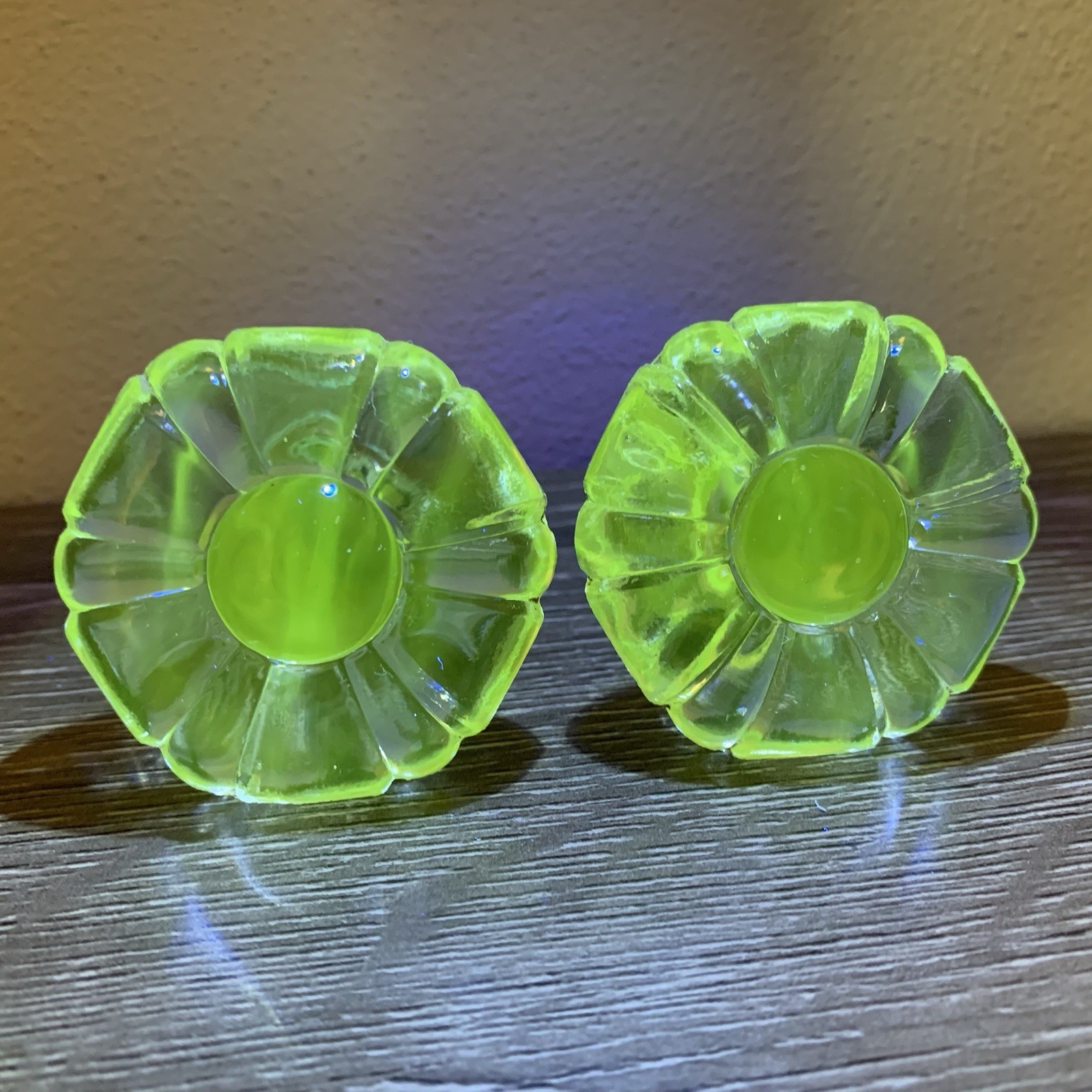 Antique Manganese Drawer Knobs Pair, UV Reactive Glass Knobs/Drawer Pulls