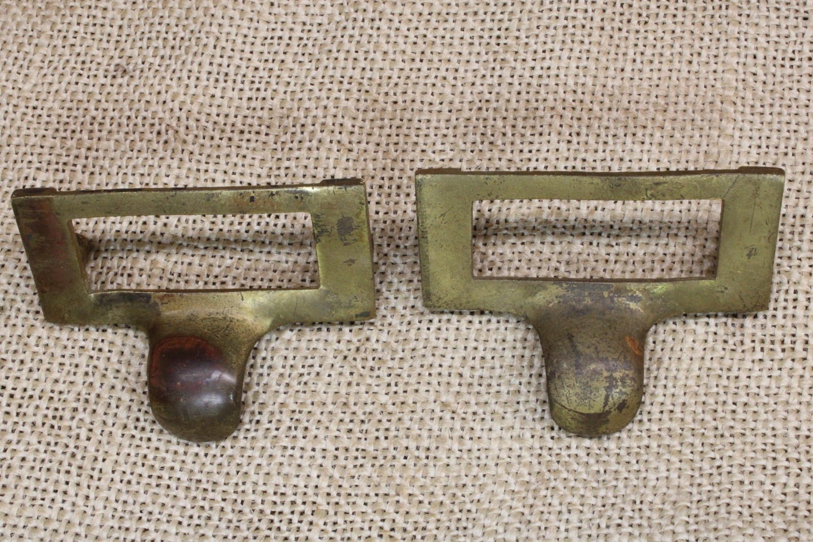 2 File Drawer Pulls Brass Handles Finger Tip Index Card Catalog Holder Vintage