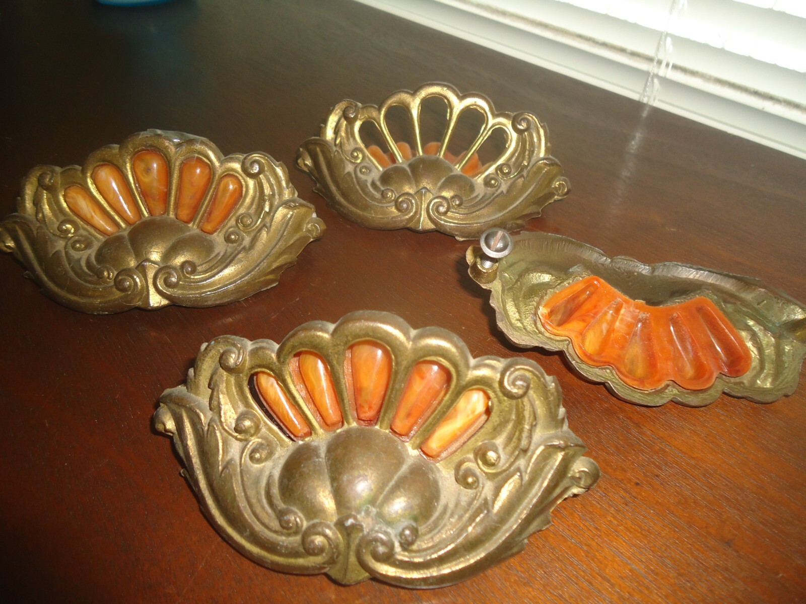 Victorian Era Antique Brass Bakelit Drop Drawer Pulls Handles Hardware (4 Total)