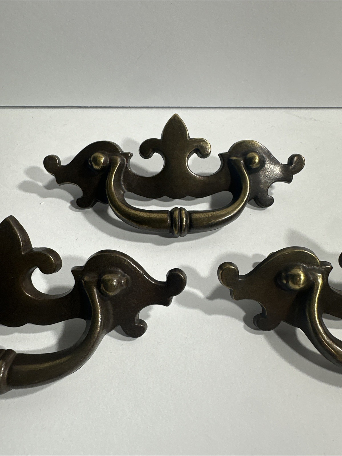 3 Vintage Brass Drawer Pulls Handel Fleur De Lis Keeler Brass Co. Screws #8493