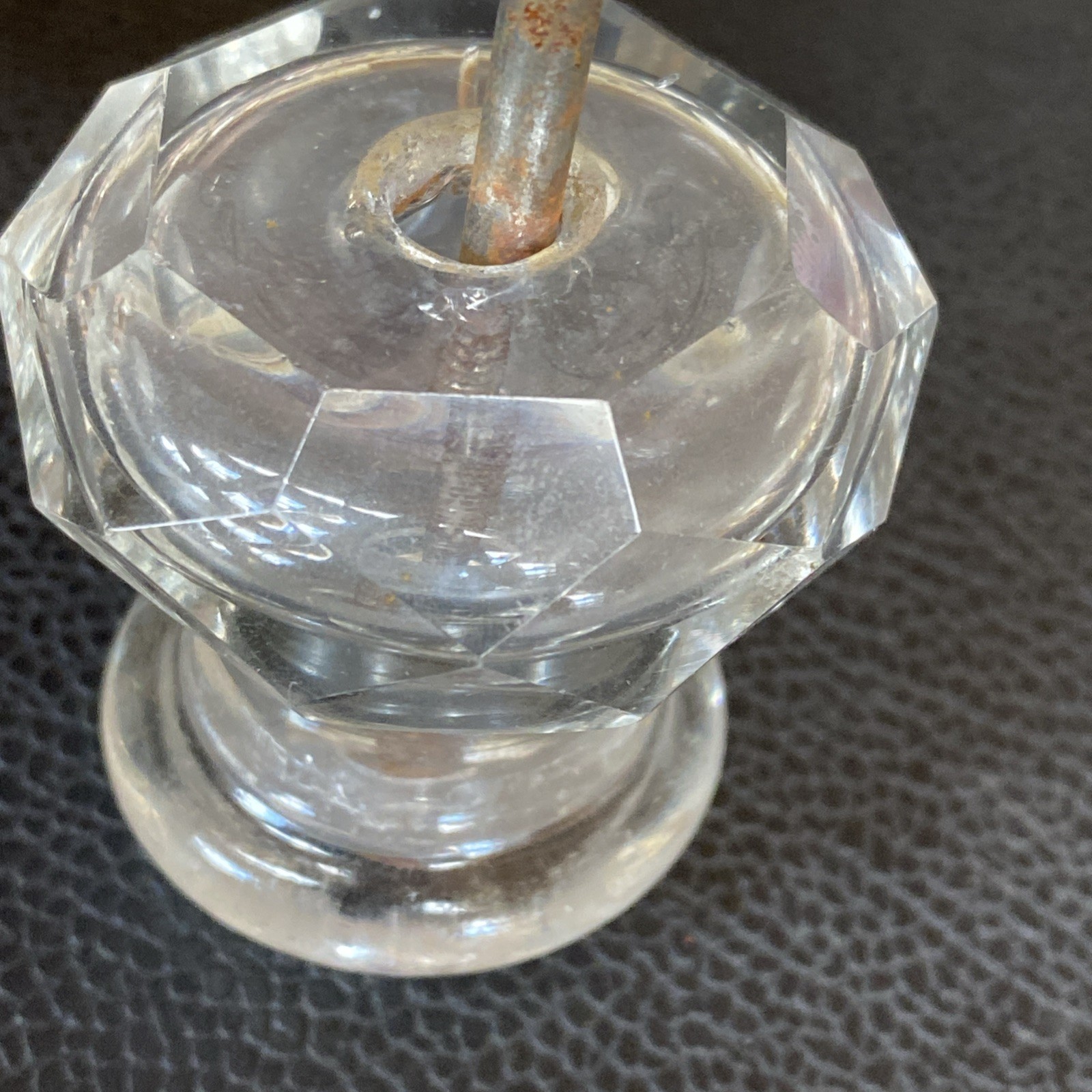 Faceted 1.75”x1-5/8” Antique Pressed Clear Glass Sandwich Drawer Pull Post Bolt