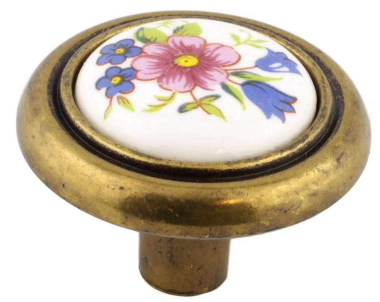(5 Pack) 1-1/4 inch Floral Ceramic Center Knob – Antique Brass