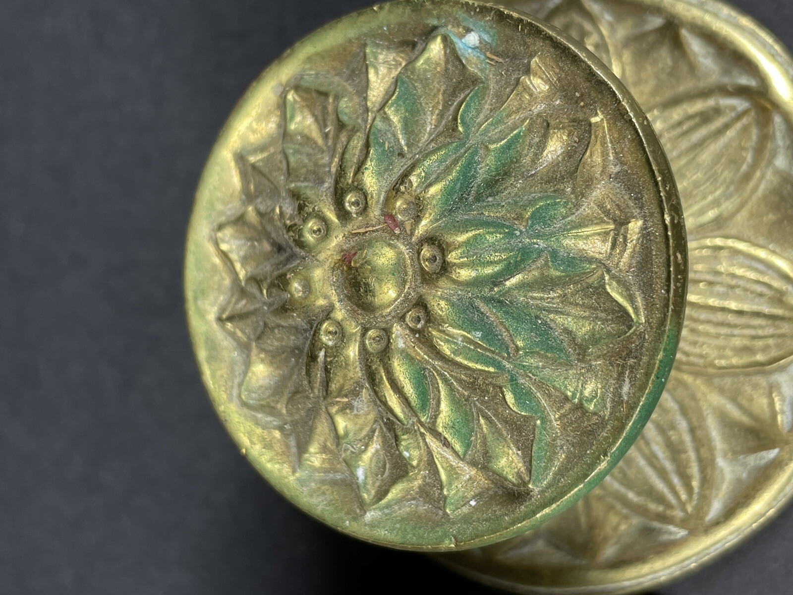 Pair of Antique Brass Round Ornate Foliate Drawer Door Cabinet Pulls Knobs