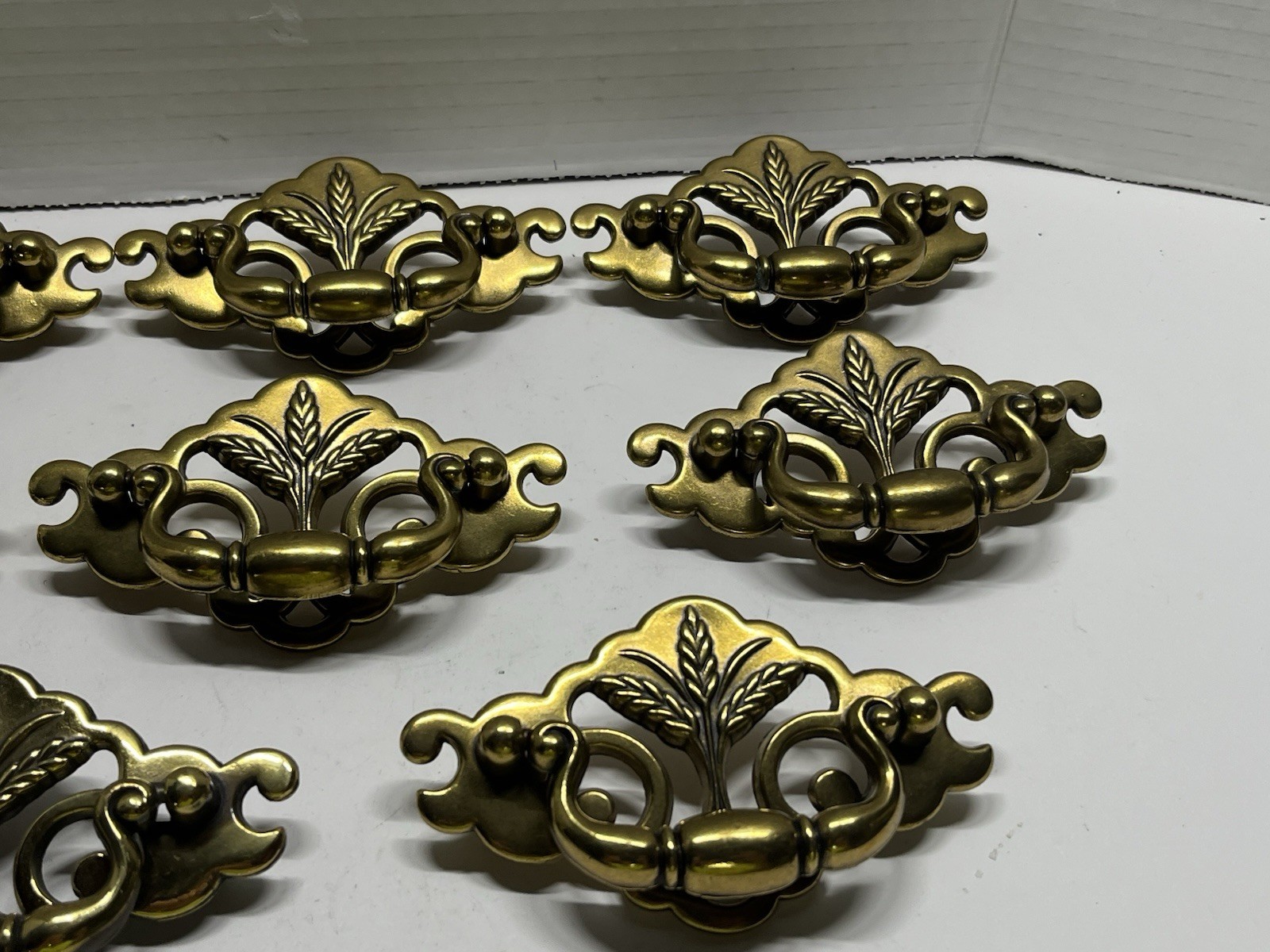 Vtg.Lot (8) NOS Brass Plated Chippendale/Batwing Wheat Design Drop Bail Pulls