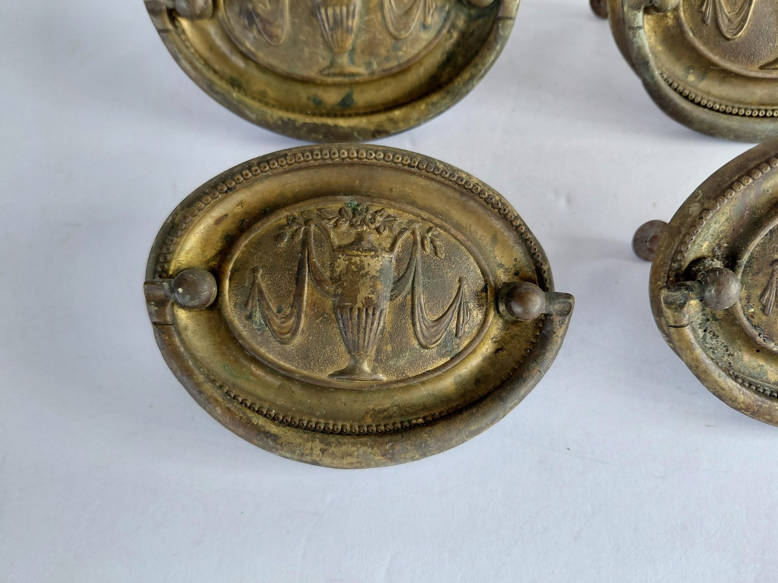 6 Vintage Oval Victorian Drop Bail Pull Brass Stamped 3″ Urn Trophy
