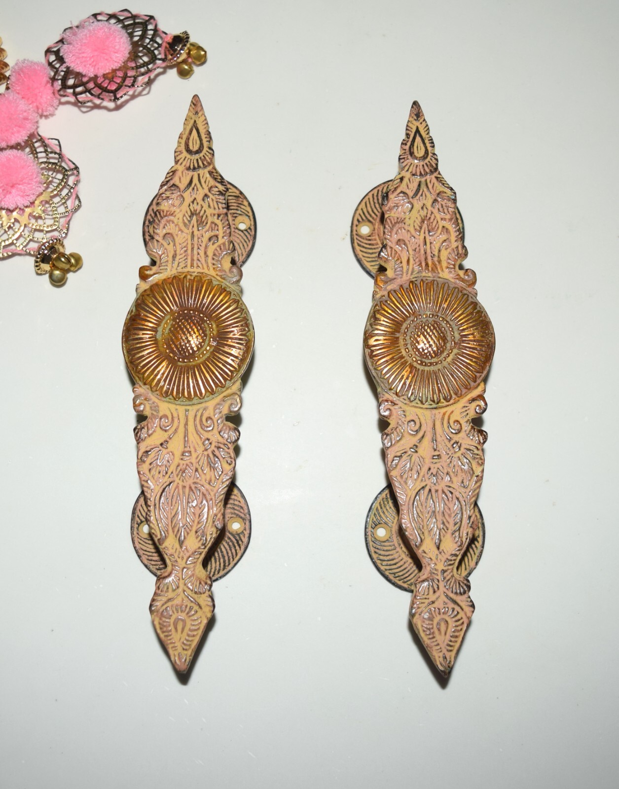 Sunflower Design Door Pull Ornate Hand Carving Floral Handle Handmade Grip HK466