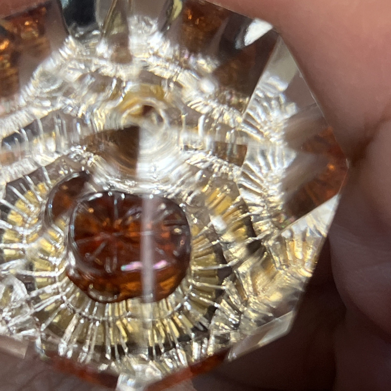 6 Vtg Clear & Amber Glass Diamond Cut Drawer Pulls Knobs 1.5″ Brass Hardware Lot